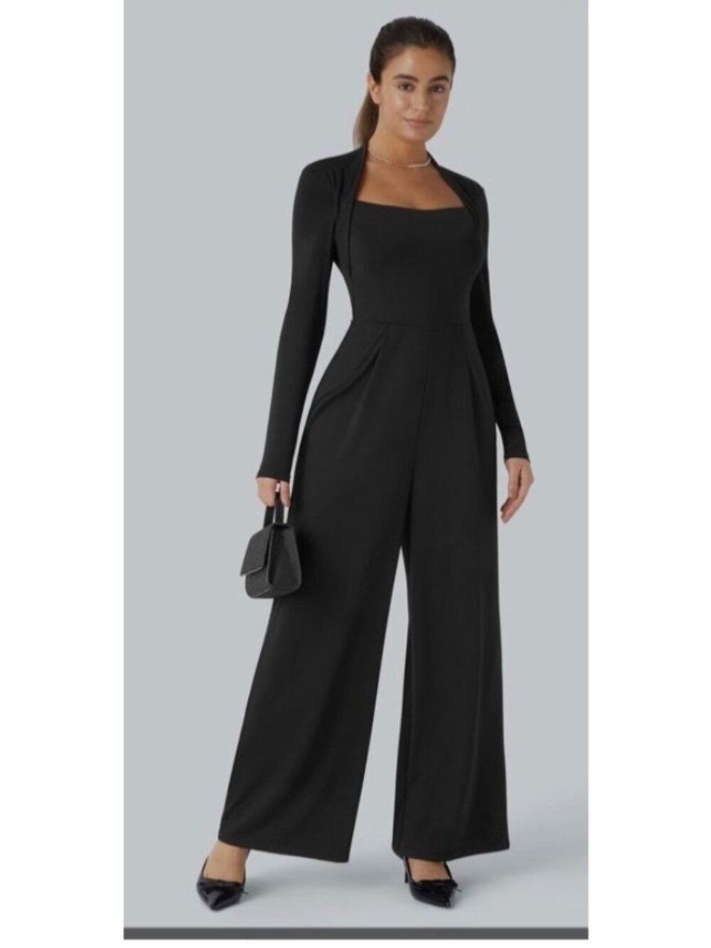 Halara XL Black Wide Leg Jumpsuit Long Sleeve Open Front XL